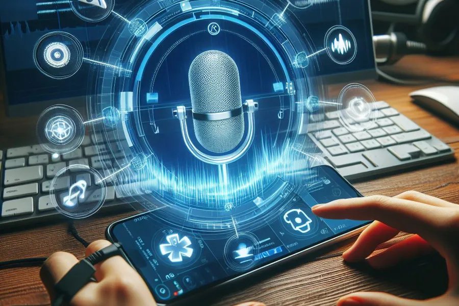 To hender med en mobiltelefon som viser en mikrofon