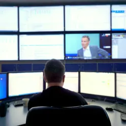 Bilde av en person bakfra med mange pc- og tvskjermer